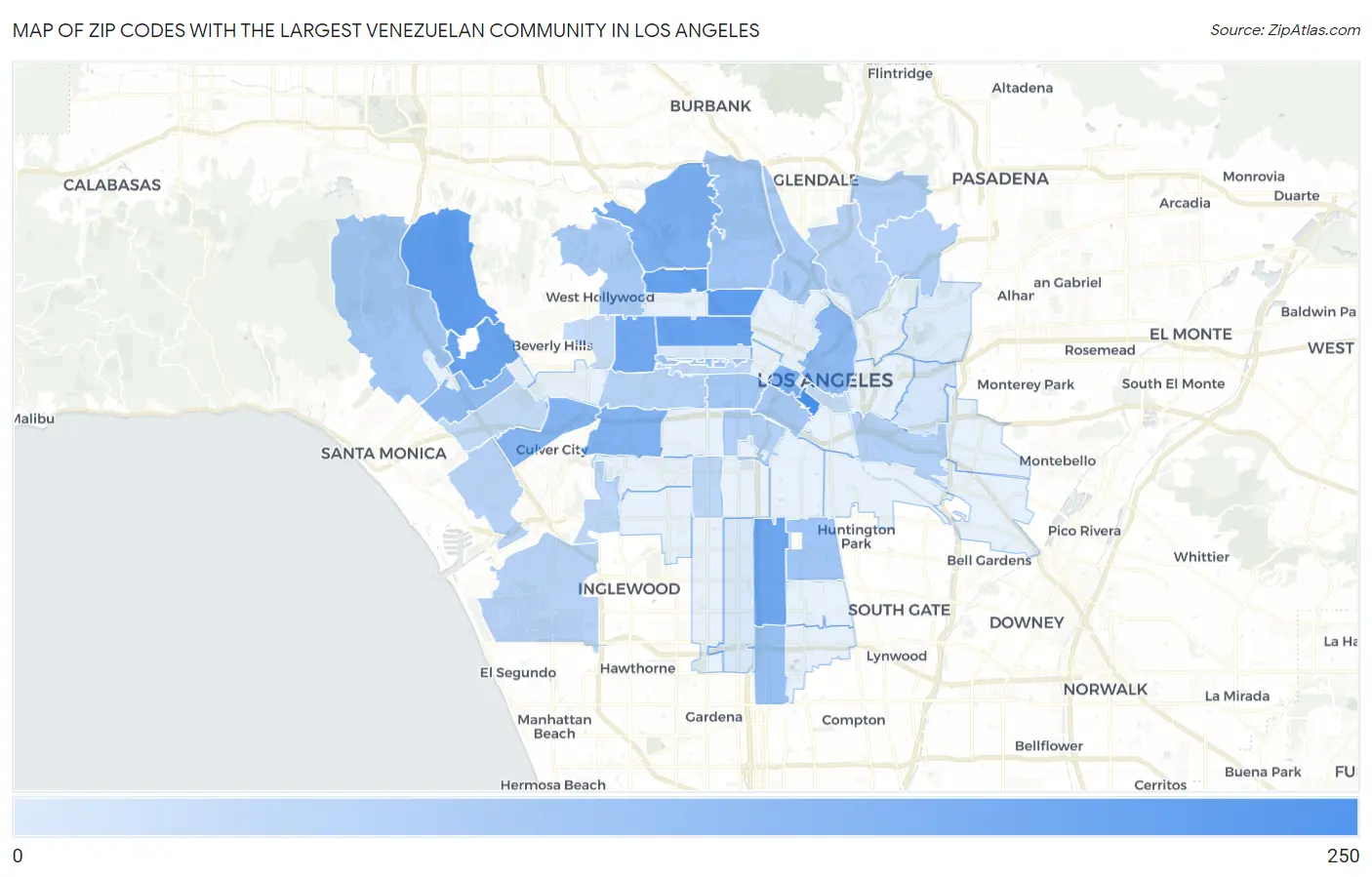Zip Codes with the Largest Venezuelan Community in Los Angeles Map