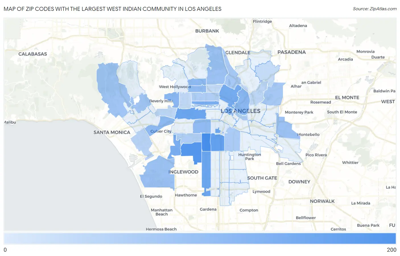 Zip Codes with the Largest West Indian Community in Los Angeles Map