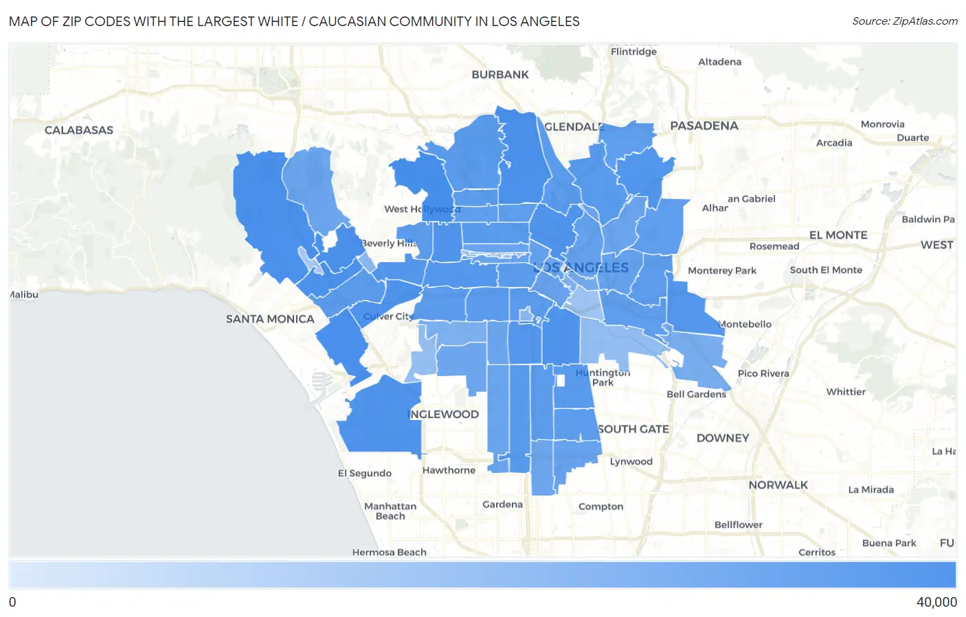 Zip Codes with the Largest White / Caucasian Community in Los Angeles Map