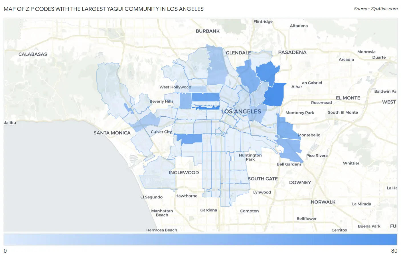 Zip Codes with the Largest Yaqui Community in Los Angeles Map