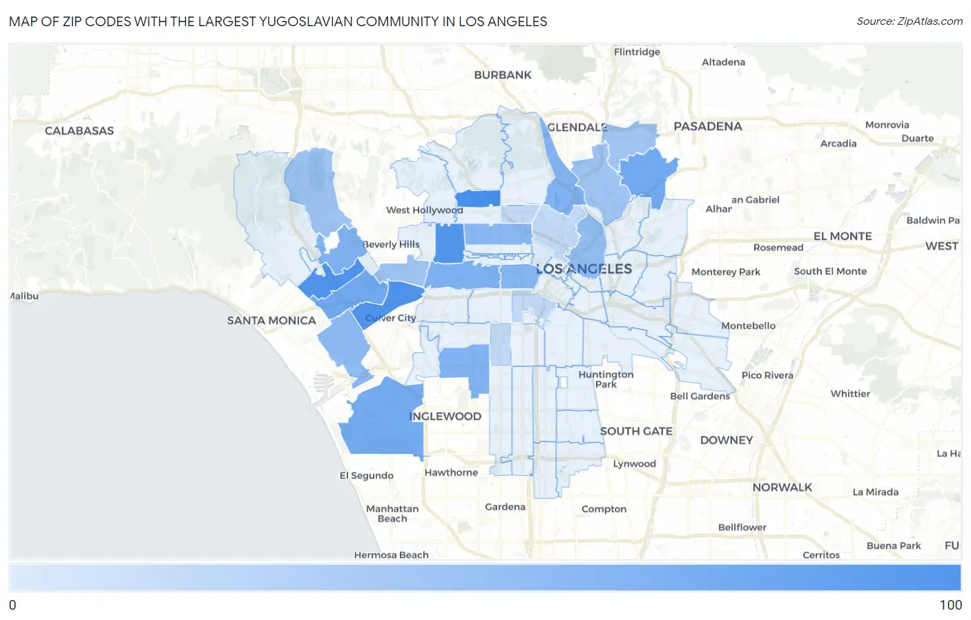 Zip Codes with the Largest Yugoslavian Community in Los Angeles Map