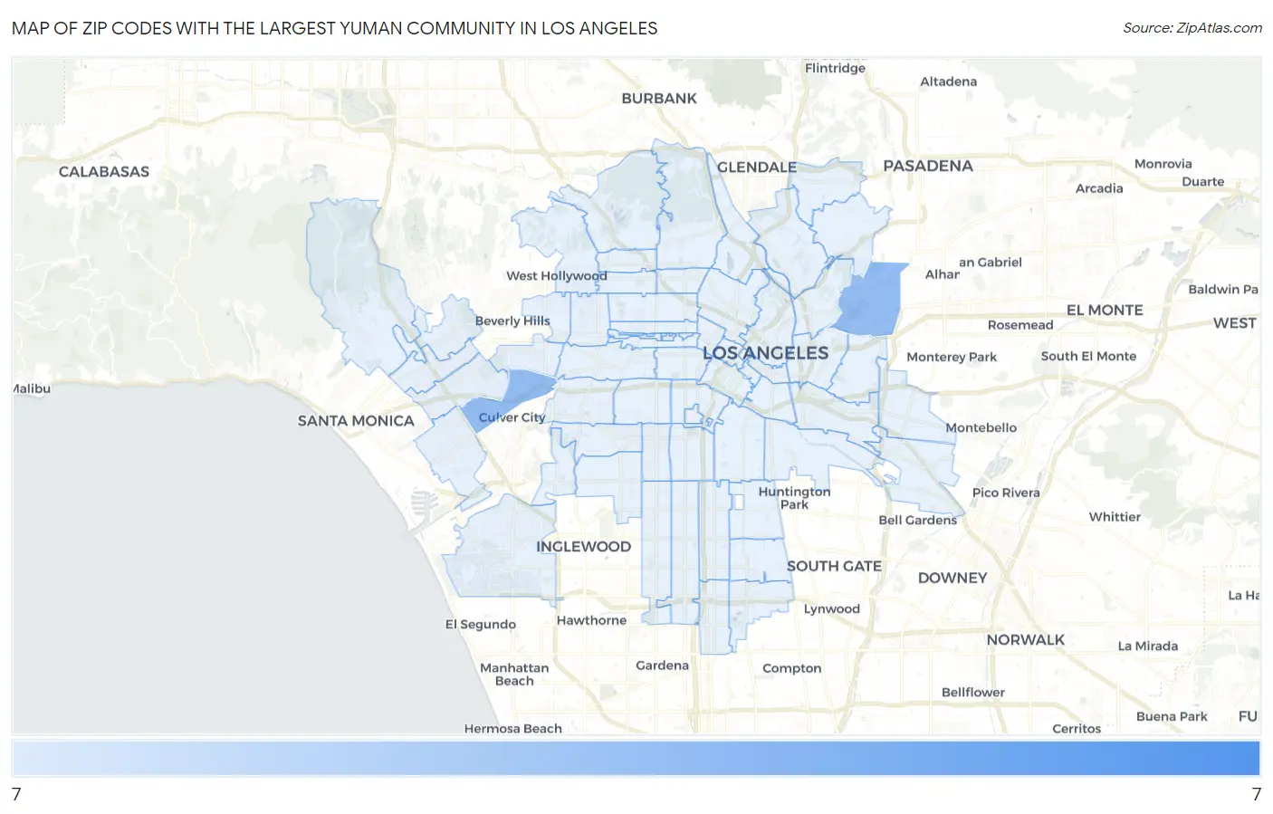 Zip Codes with the Largest Yuman Community in Los Angeles Map