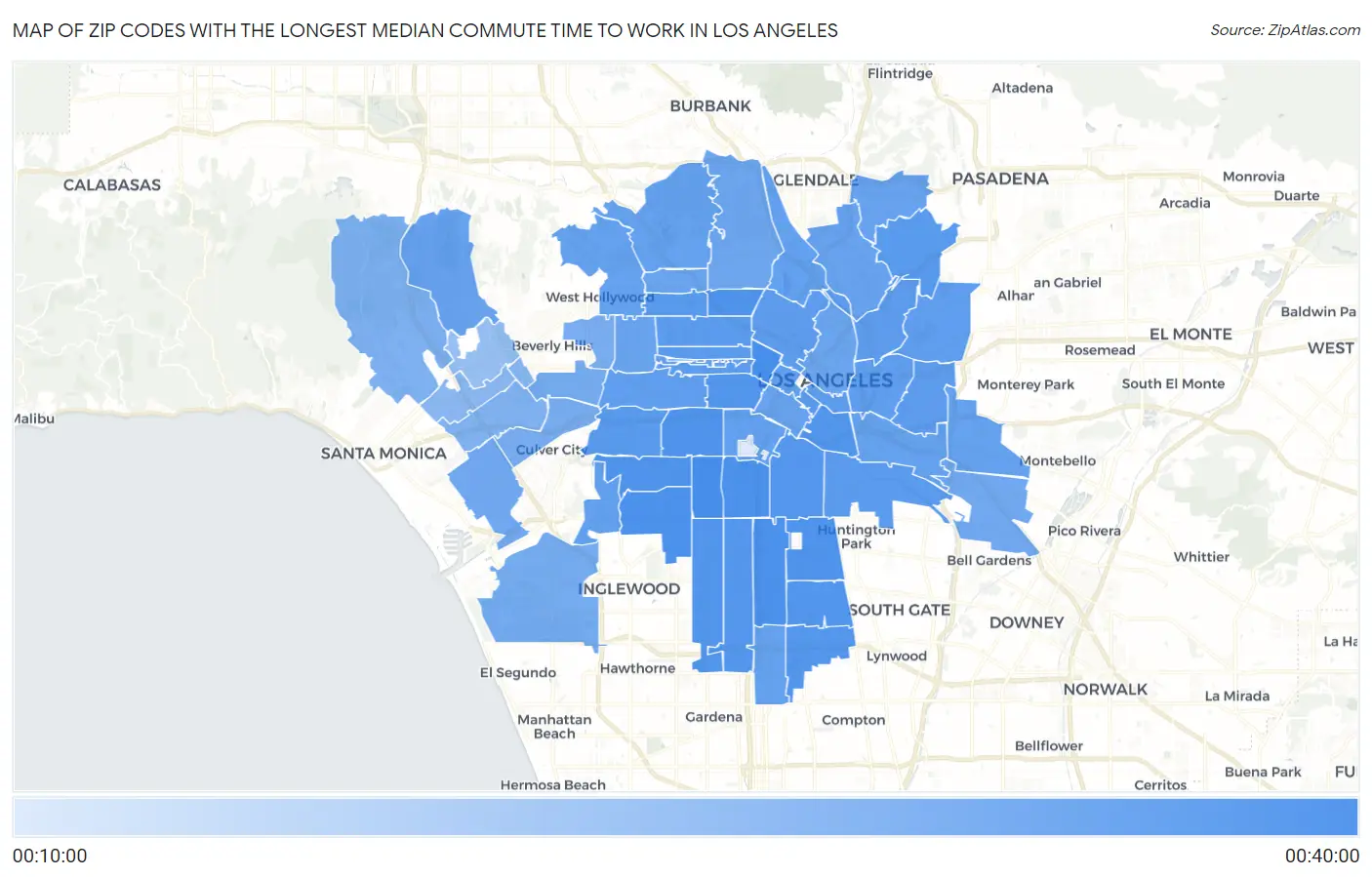 Zip Codes with the Longest Median Commute Time to Work in Los Angeles Map