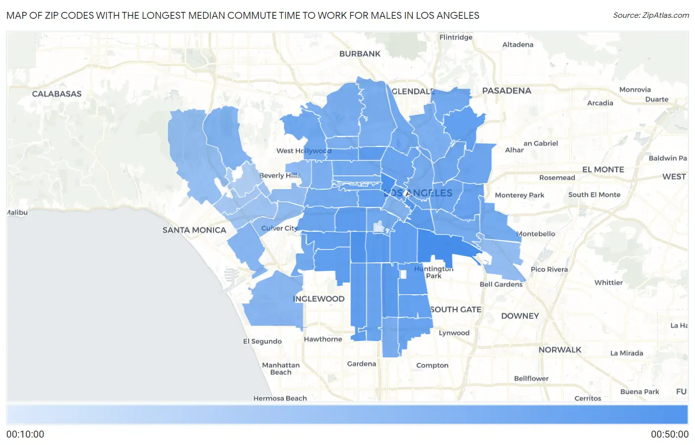 Zip Codes with the Longest Median Commute Time to Work for Males in Los Angeles Map
