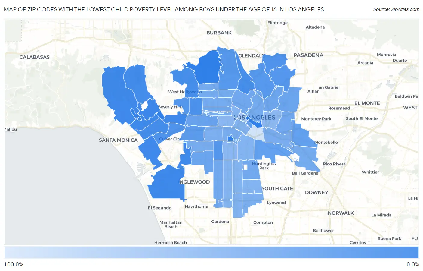 Zip Codes with the Lowest Child Poverty Level Among Boys Under the Age of 16 in Los Angeles Map