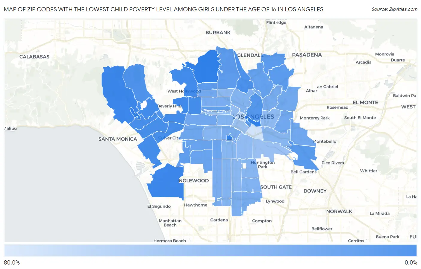 Zip Codes with the Lowest Child Poverty Level Among Girls Under the Age of 16 in Los Angeles Map