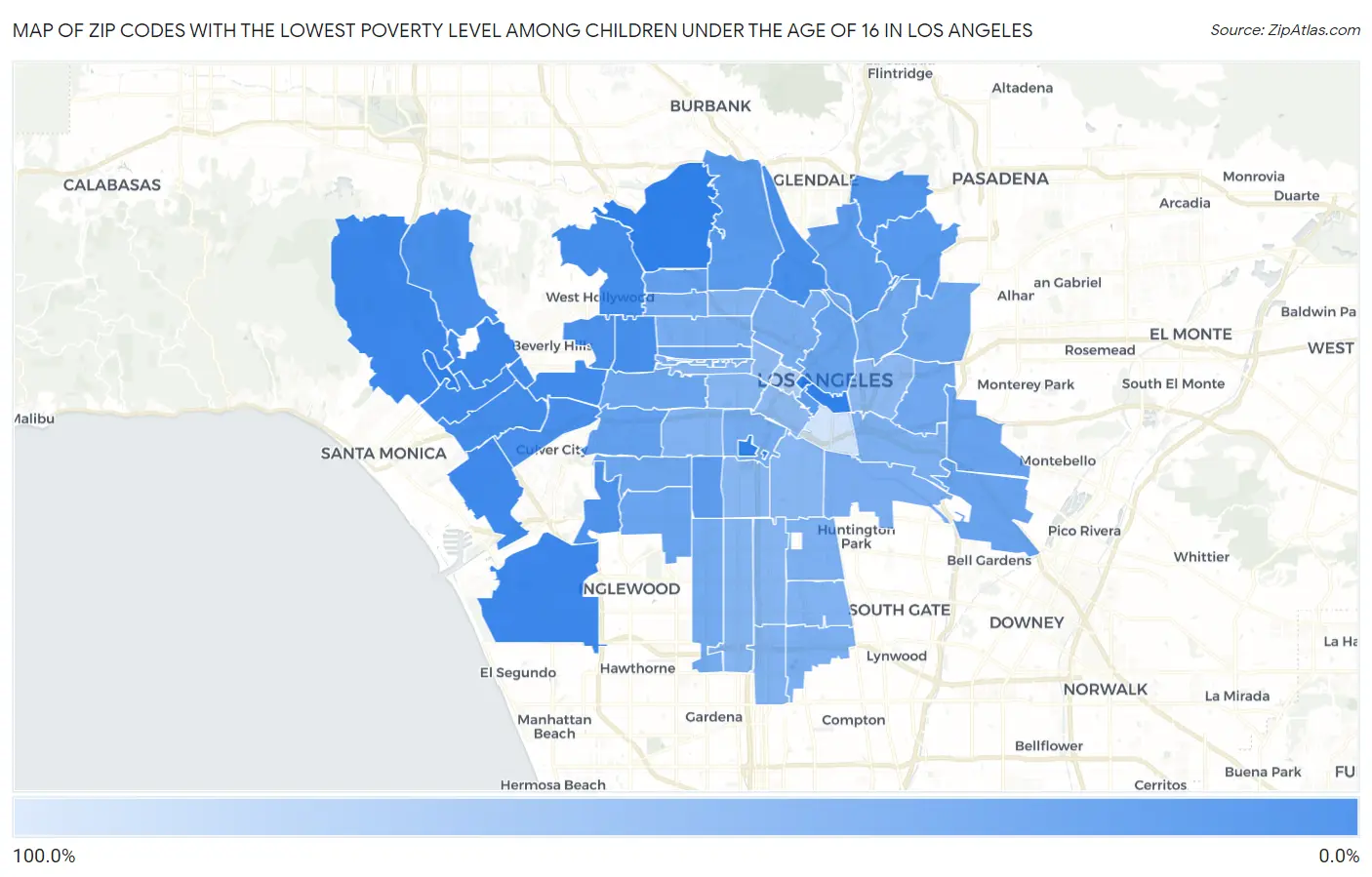 Zip Codes with the Lowest Poverty Level Among Children Under the Age of 16 in Los Angeles Map