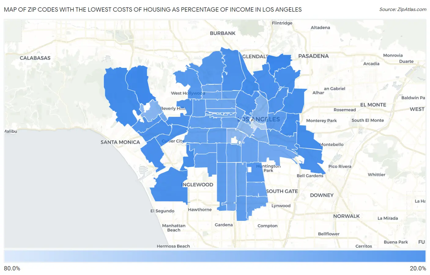 Zip Codes with the Lowest Costs of Housing as Percentage of Income in Los Angeles Map