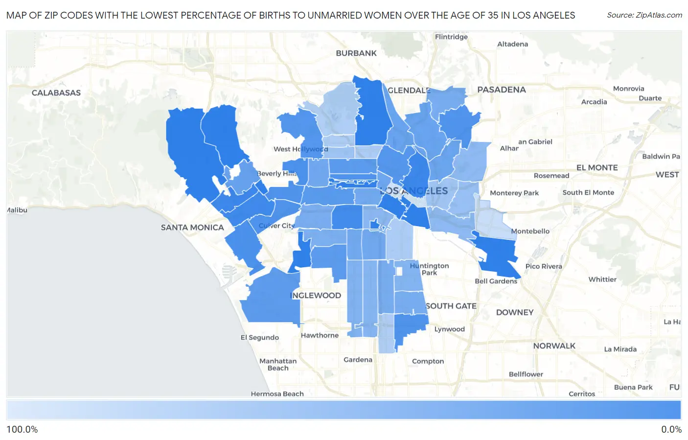 Zip Codes with the Lowest Percentage of Births to Unmarried Women over the Age of 35 in Los Angeles Map