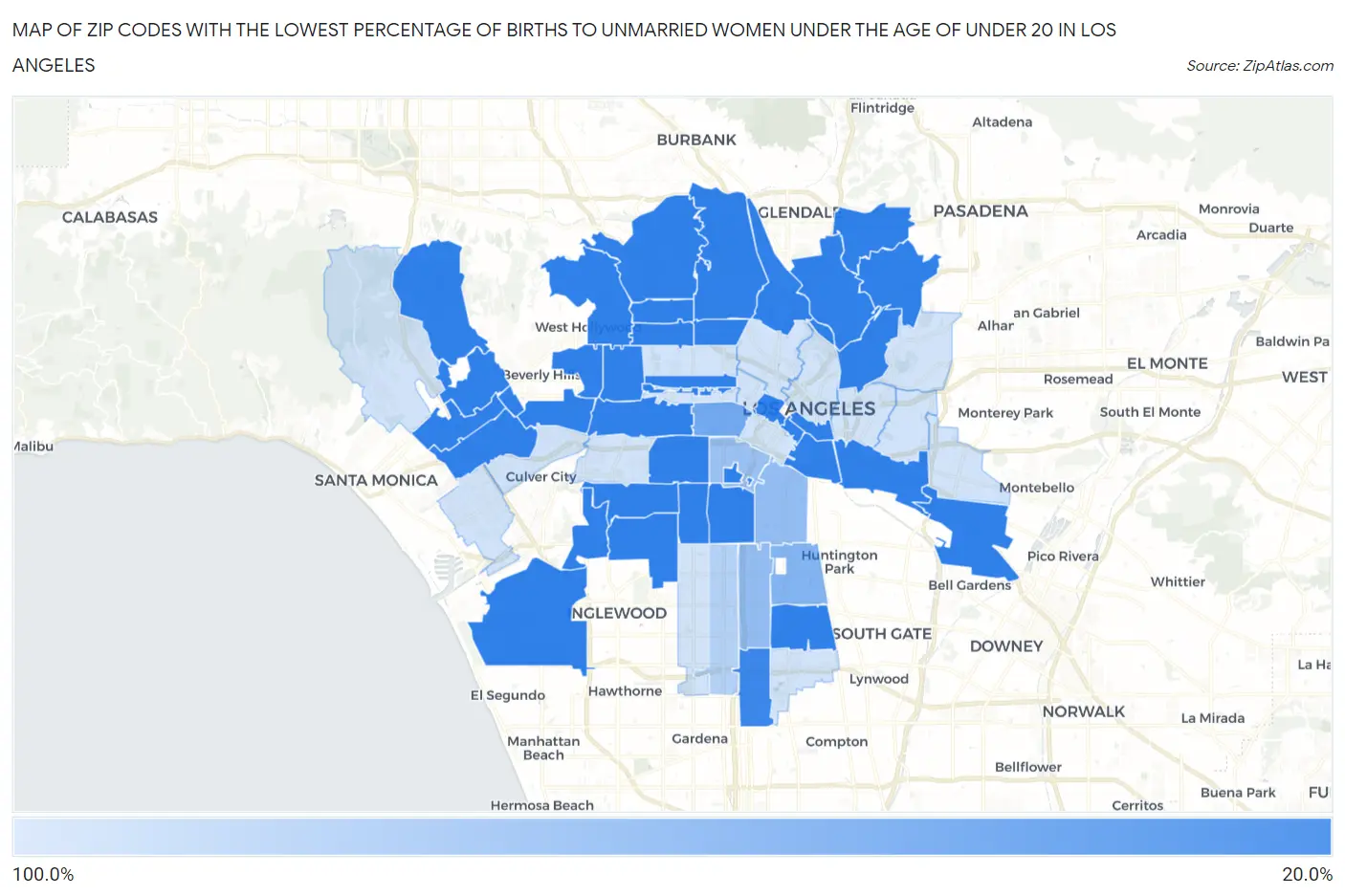 Zip Codes with the Lowest Percentage of Births to Unmarried Women under the Age of under 20 in Los Angeles Map