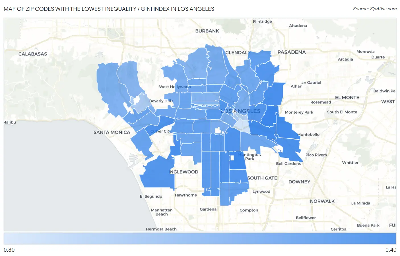 Zip Codes with the Lowest Inequality / Gini Index in Los Angeles Map