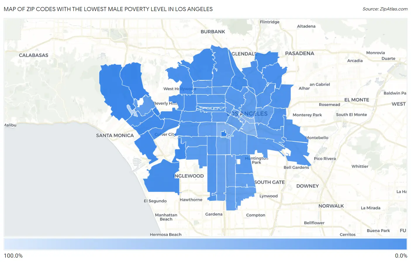 Zip Codes with the Lowest Male Poverty Level in Los Angeles Map