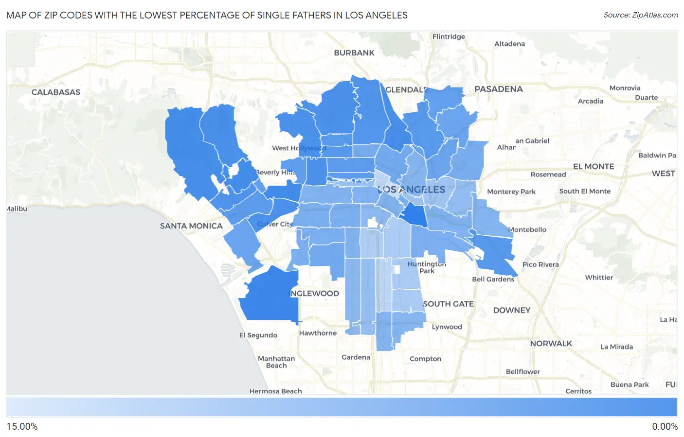 Zip Codes with the Lowest Percentage of Single Fathers in Los Angeles Map