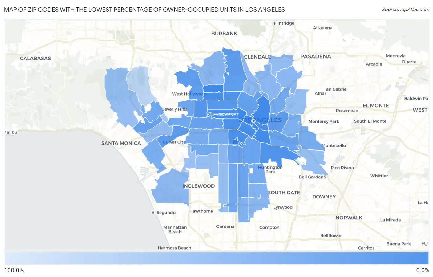 Zip Codes with the Lowest Percentage of Owner-Occupied Units in Los Angeles Map