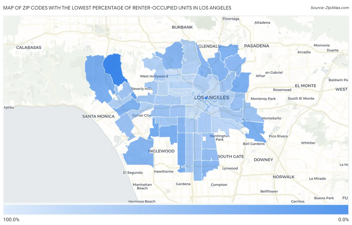 Zip Codes with the Lowest Percentage of Renter-Occupied Units in Los Angeles Map