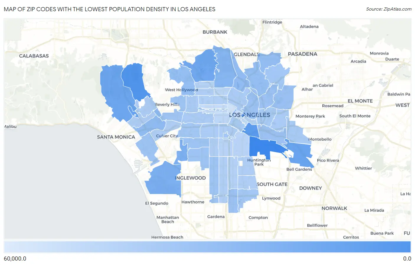 Zip Codes with the Lowest Population Density in Los Angeles Map