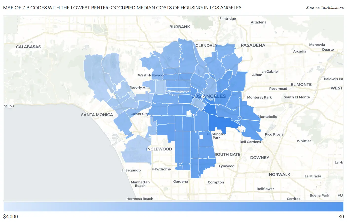 Zip Codes with the Lowest Renter-Occupied Median Costs of Housing in Los Angeles Map