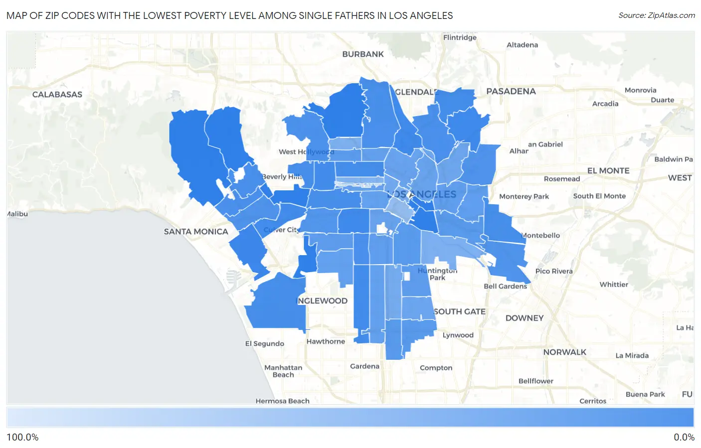 Zip Codes with the Lowest Poverty Level Among Single Fathers in Los Angeles Map