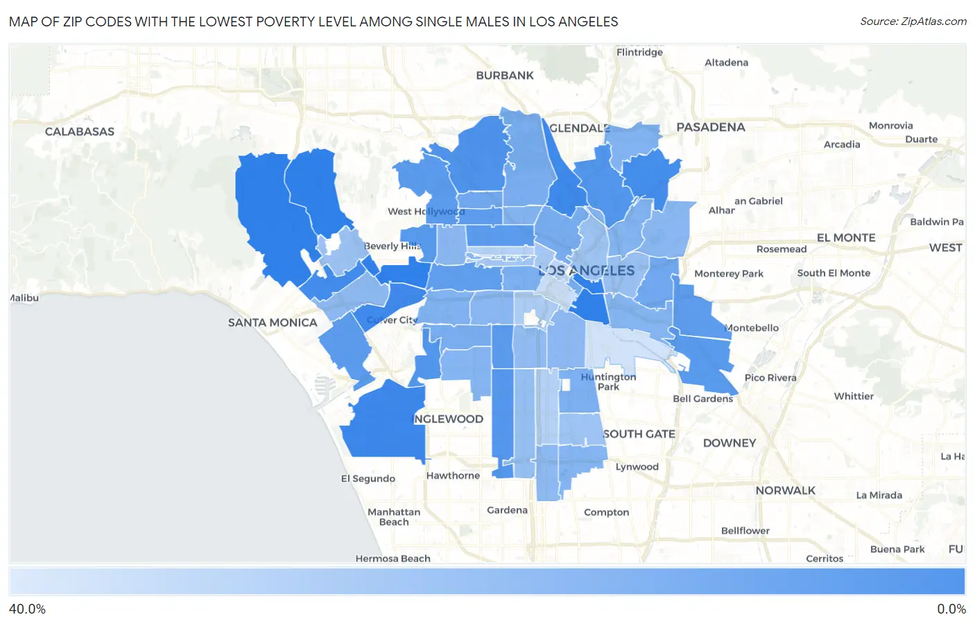 Zip Codes with the Lowest Poverty Level Among Single Males in Los Angeles Map