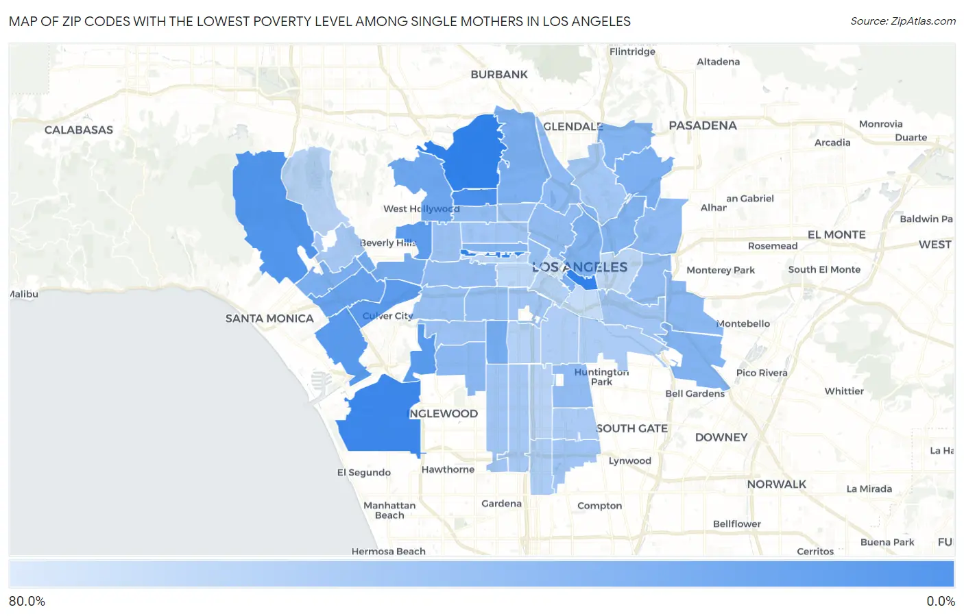 Zip Codes with the Lowest Poverty Level Among Single Mothers in Los Angeles Map