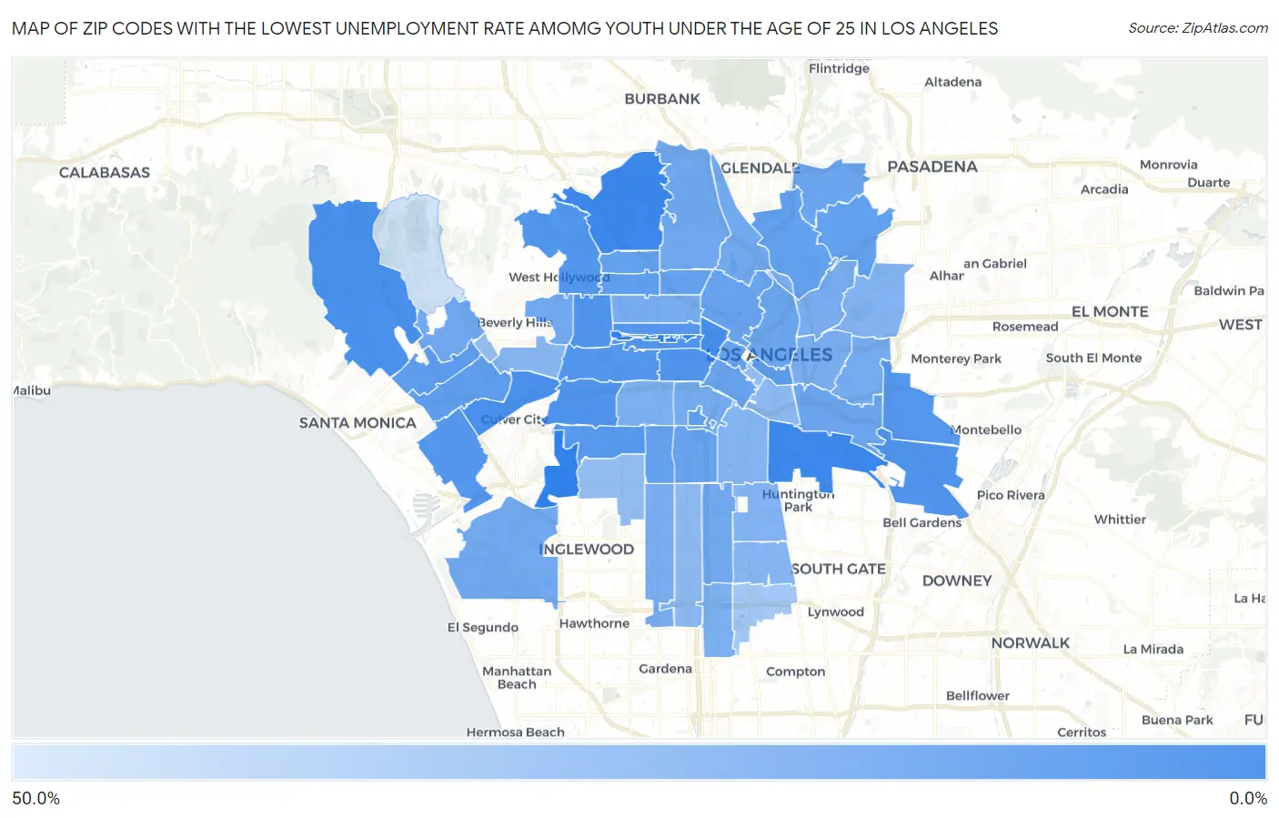 Zip Codes with the Lowest Unemployment Rate Amomg Youth Under the Age of 25 in Los Angeles Map