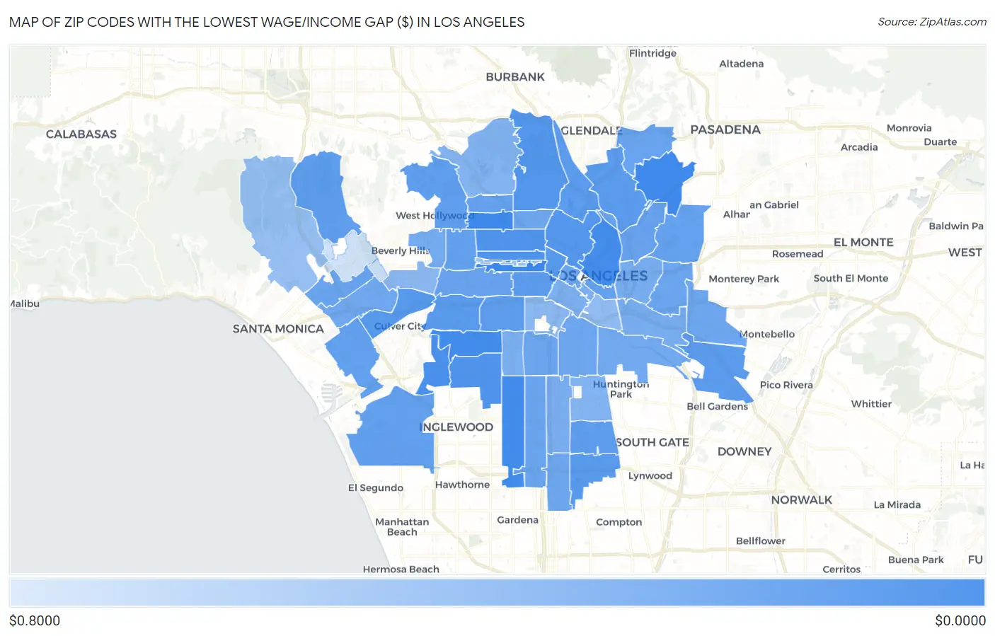 Zip Codes with the Lowest Wage/Income Gap ($) in Los Angeles Map