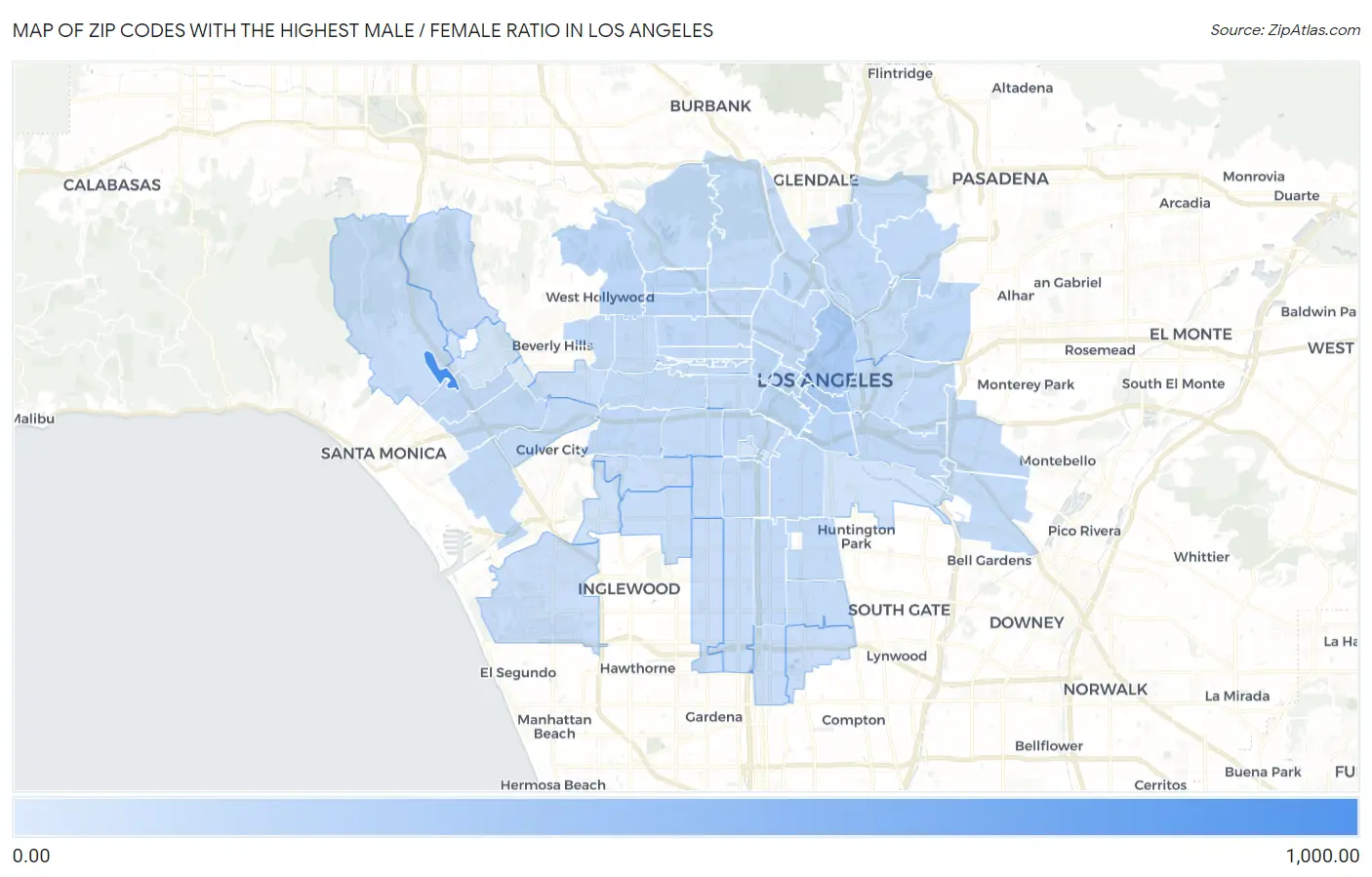 Zip Codes with the Highest Male / Female Ratio in Los Angeles Map