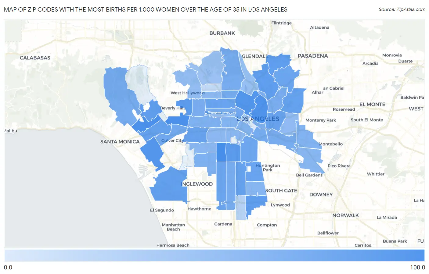 Zip Codes with the Most Births per 1,000 Women Over the Age of 35 in Los Angeles Map