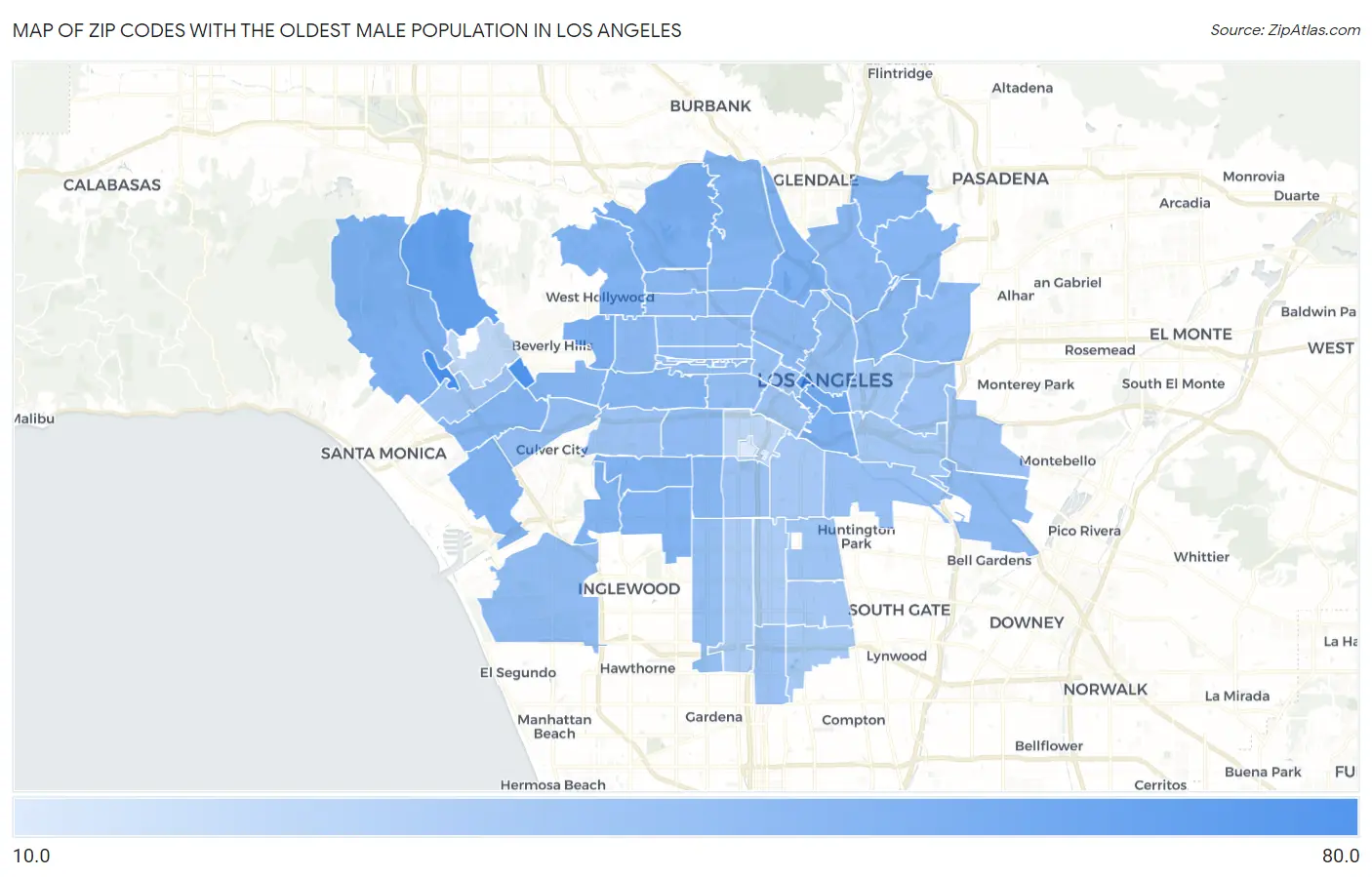 Zip Codes with the Oldest Male Population in Los Angeles Map