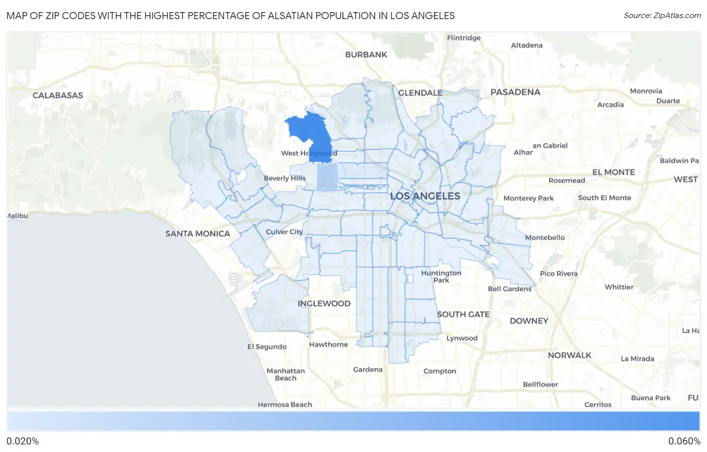 Zip Codes with the Highest Percentage of Alsatian Population in Los Angeles Map