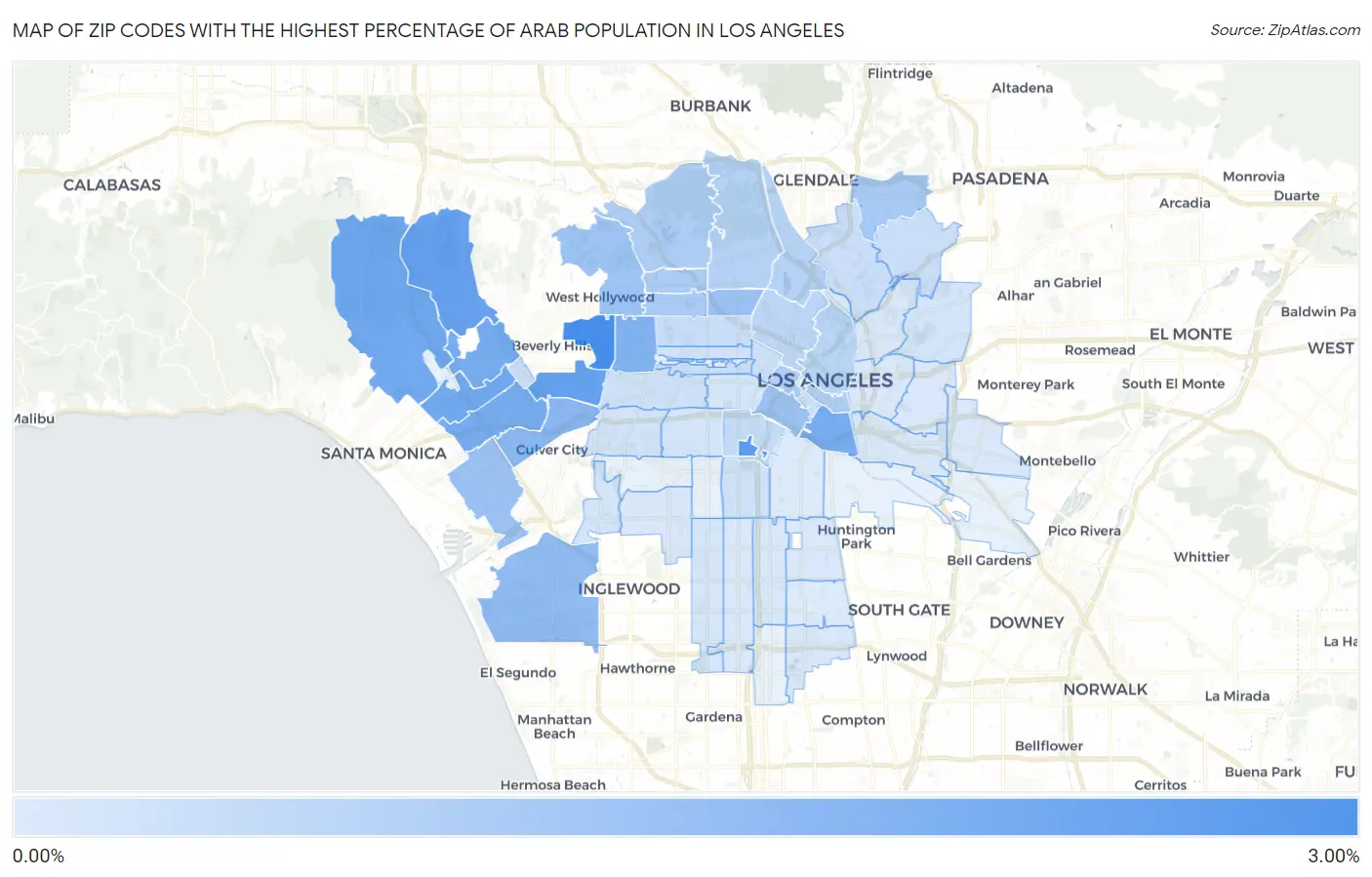 Zip Codes with the Highest Percentage of Arab Population in Los Angeles Map