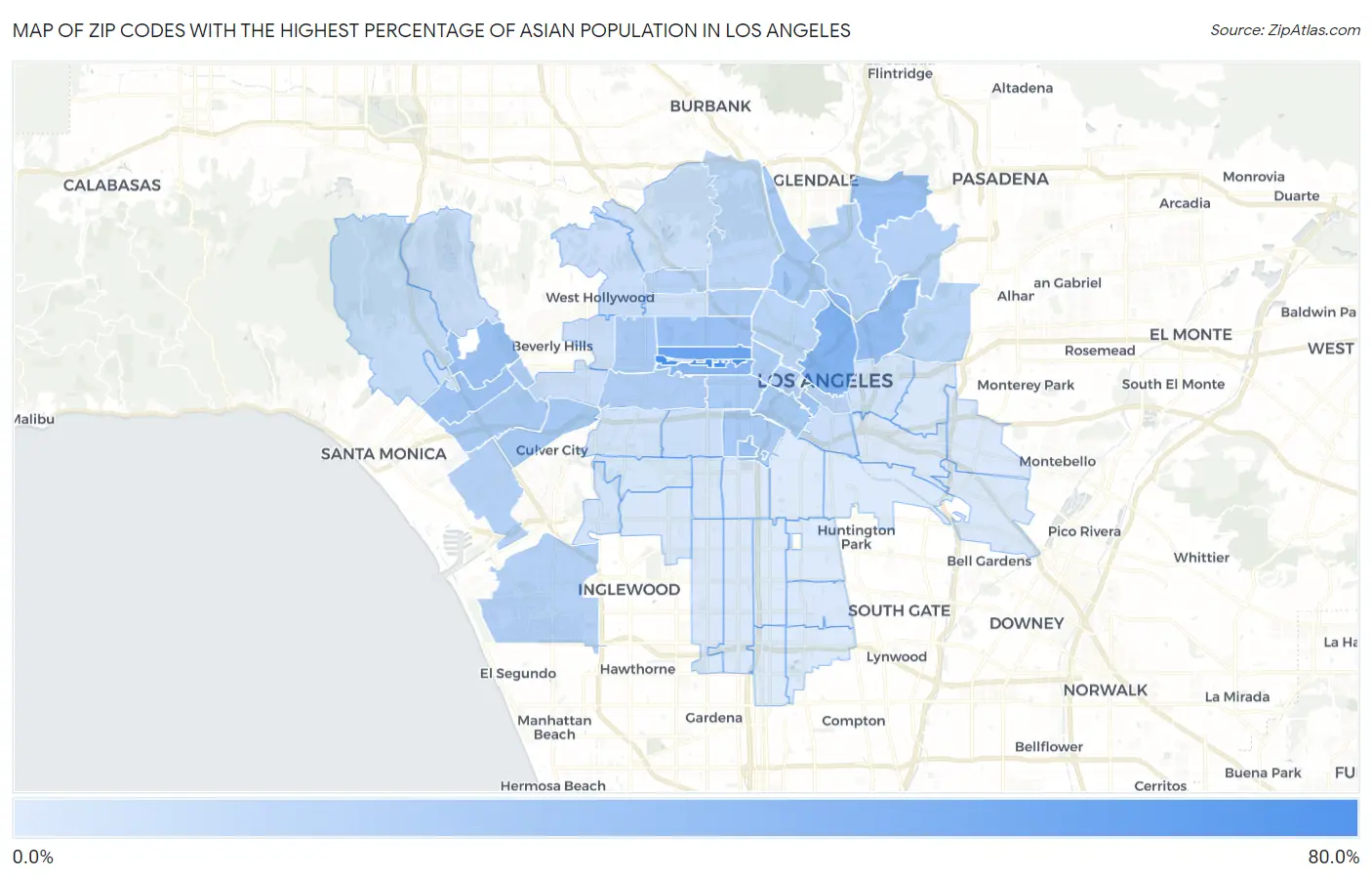 Zip Codes with the Highest Percentage of Asian Population in Los Angeles Map
