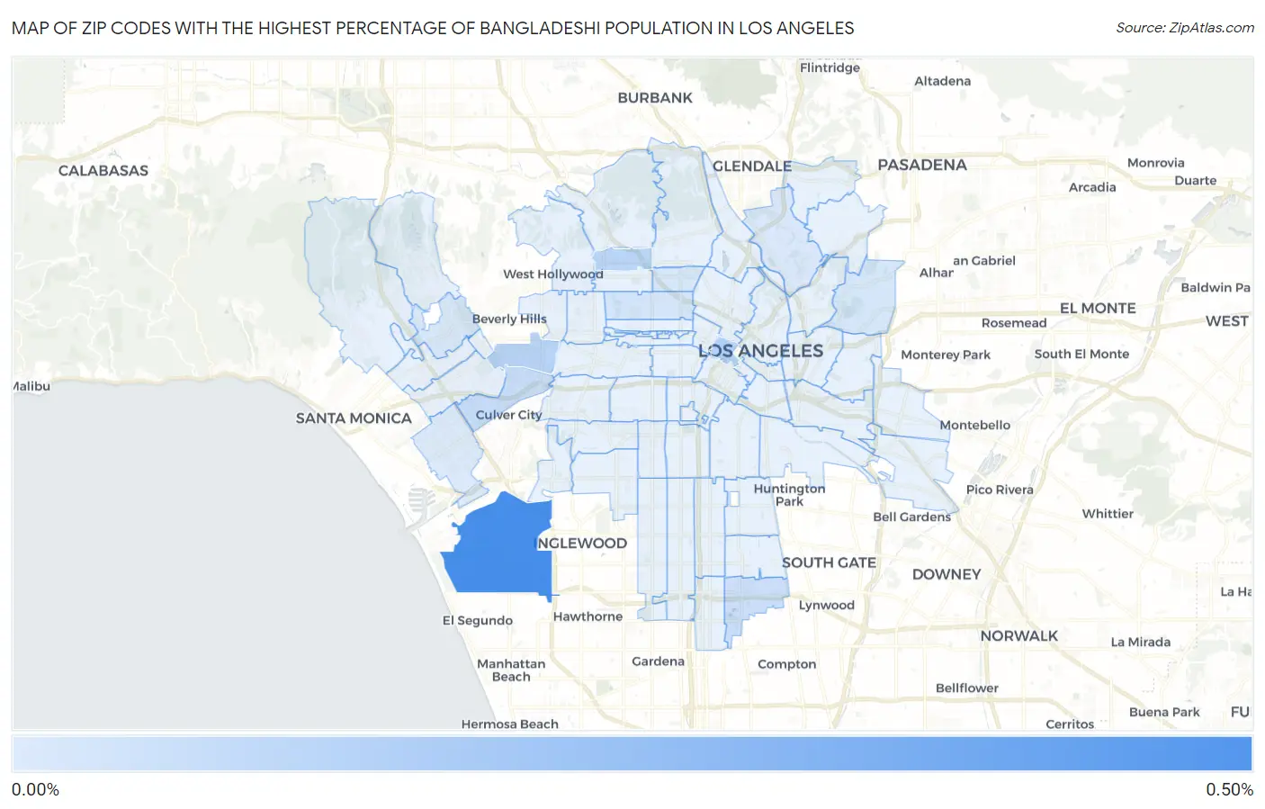 Zip Codes with the Highest Percentage of Bangladeshi Population in Los Angeles Map