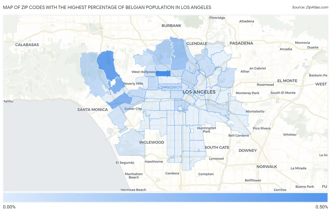 Zip Codes with the Highest Percentage of Belgian Population in Los Angeles Map