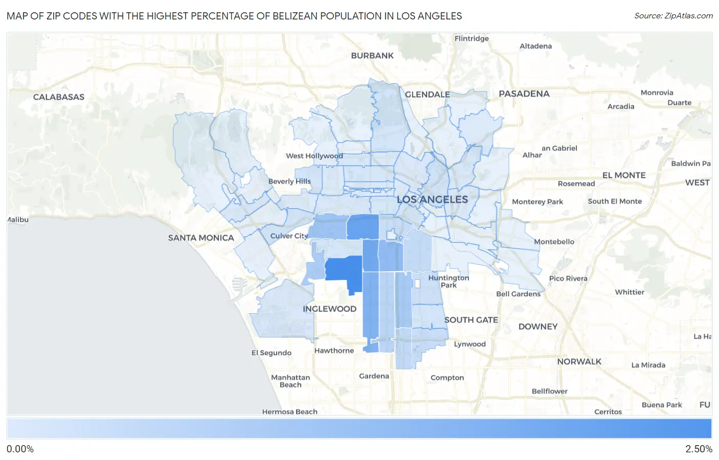 Zip Codes with the Highest Percentage of Belizean Population in Los Angeles Map