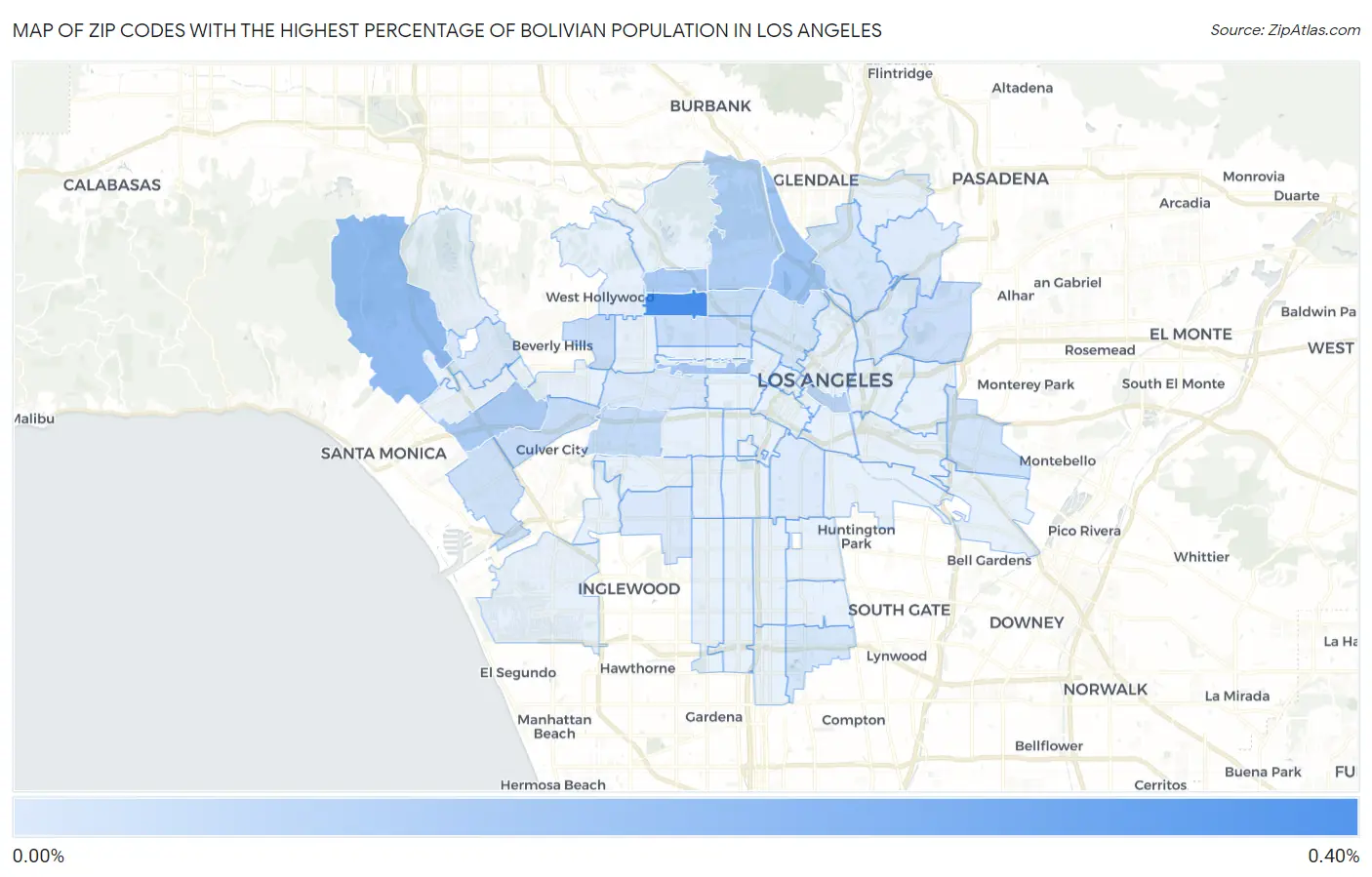 Zip Codes with the Highest Percentage of Bolivian Population in Los Angeles Map