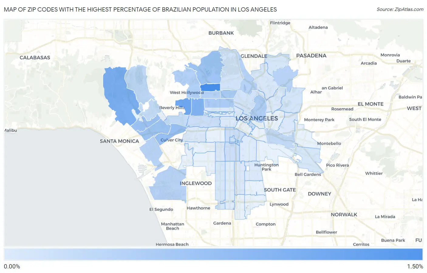 Zip Codes with the Highest Percentage of Brazilian Population in Los Angeles Map