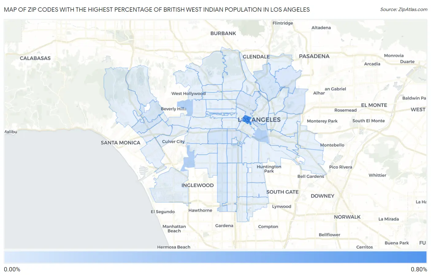 Zip Codes with the Highest Percentage of British West Indian Population in Los Angeles Map