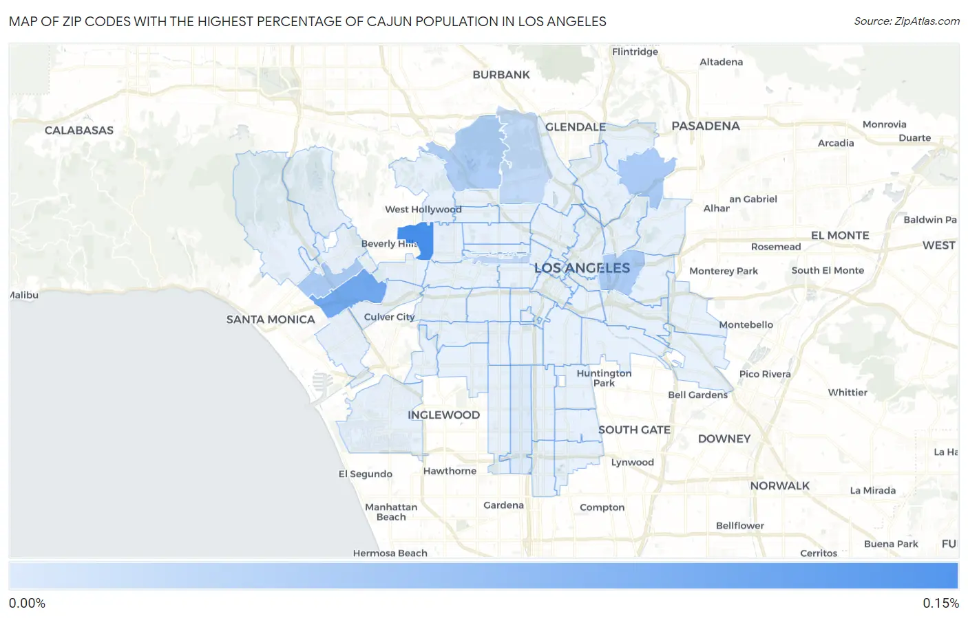 Zip Codes with the Highest Percentage of Cajun Population in Los Angeles Map