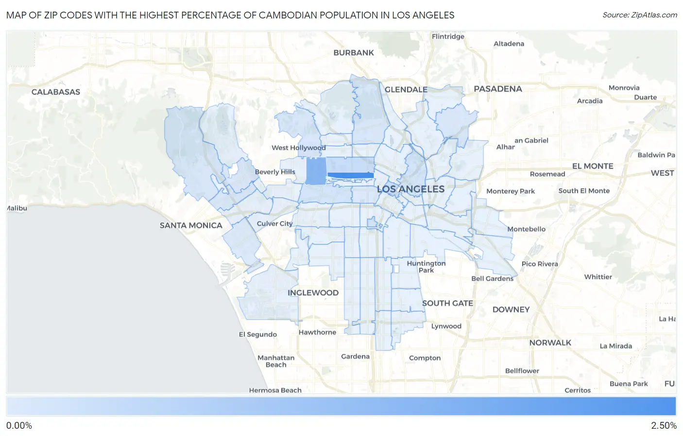 Zip Codes with the Highest Percentage of Cambodian Population in Los Angeles Map