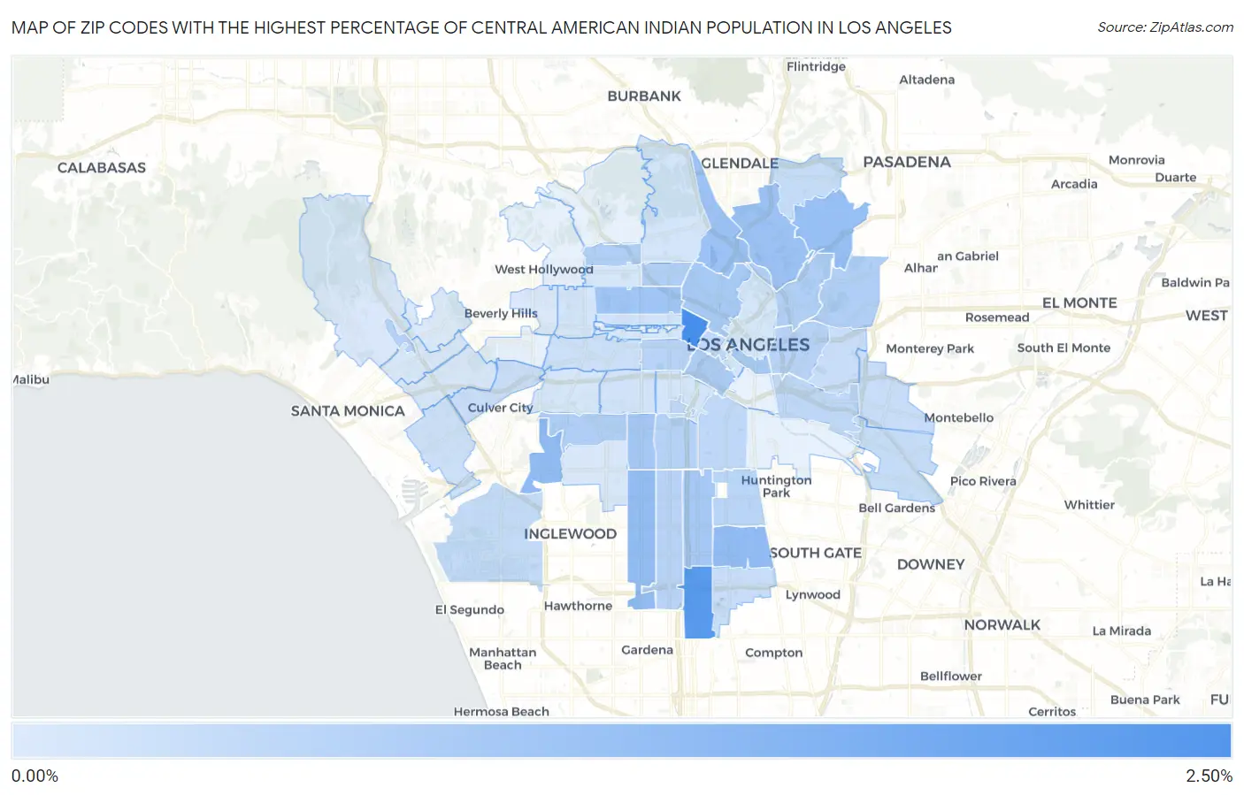 Zip Codes with the Highest Percentage of Central American Indian Population in Los Angeles Map