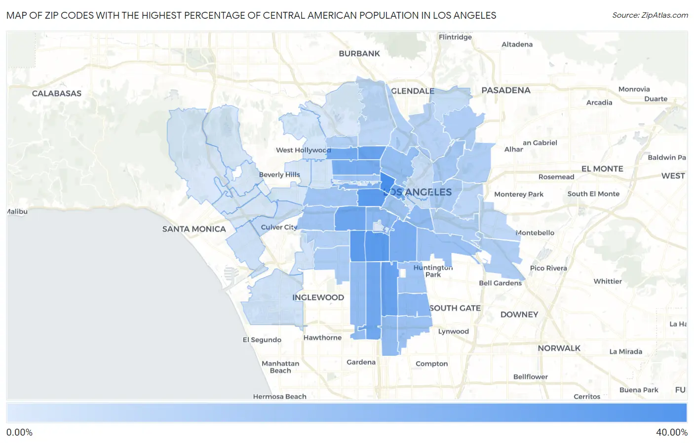 Zip Codes with the Highest Percentage of Central American Population in Los Angeles Map