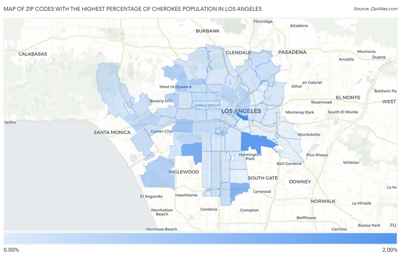 Zip Codes with the Highest Percentage of Cherokee Population in Los Angeles Map