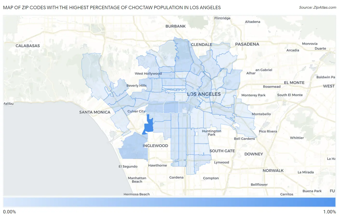 Zip Codes with the Highest Percentage of Choctaw Population in Los Angeles Map