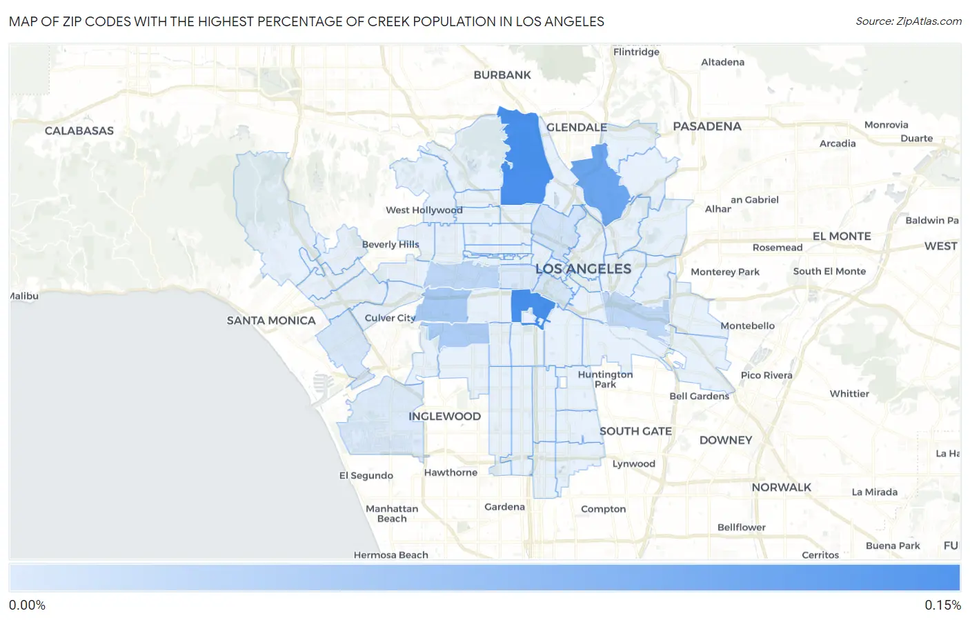 Zip Codes with the Highest Percentage of Creek Population in Los Angeles Map