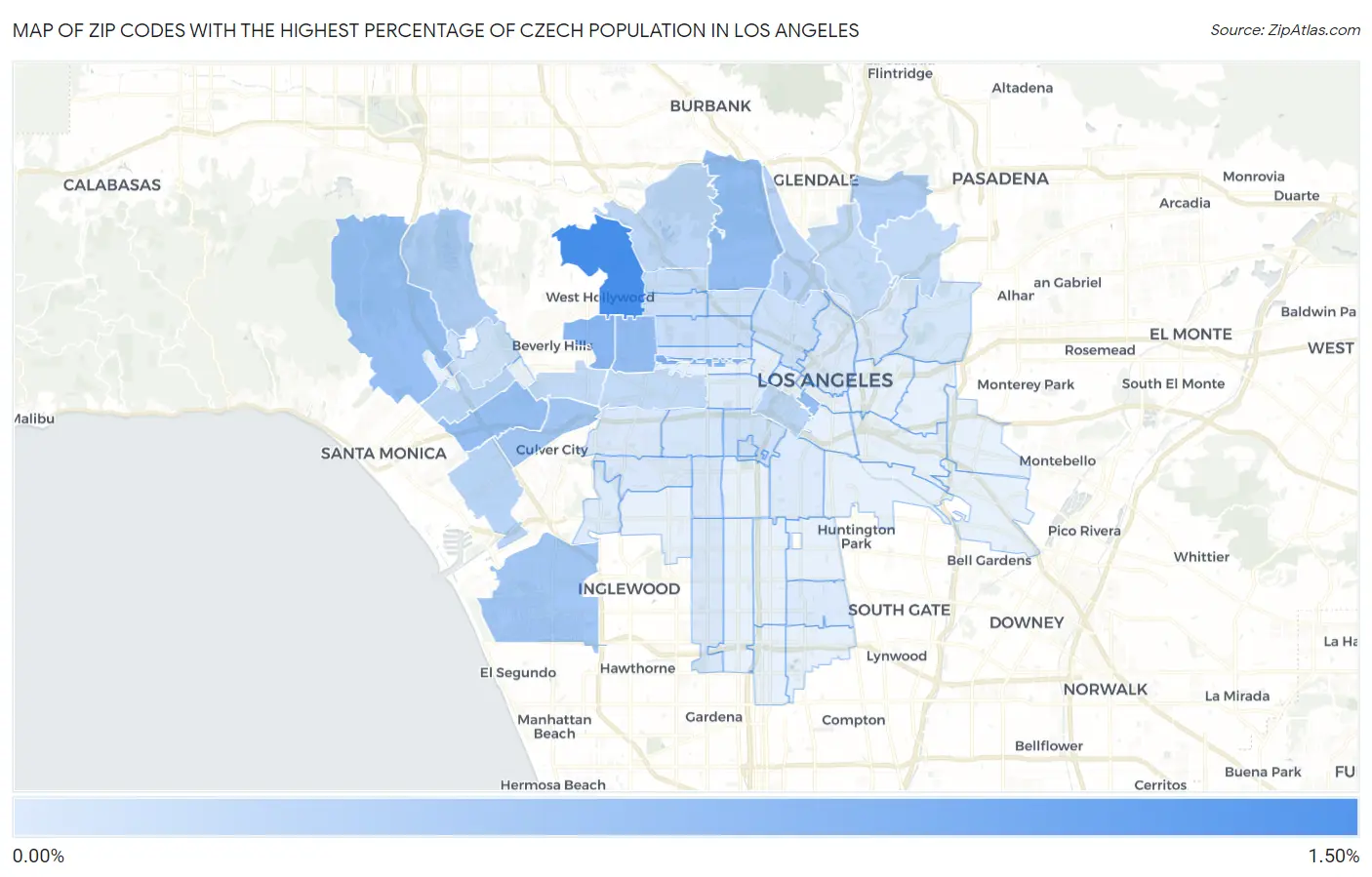 Zip Codes with the Highest Percentage of Czech Population in Los Angeles Map