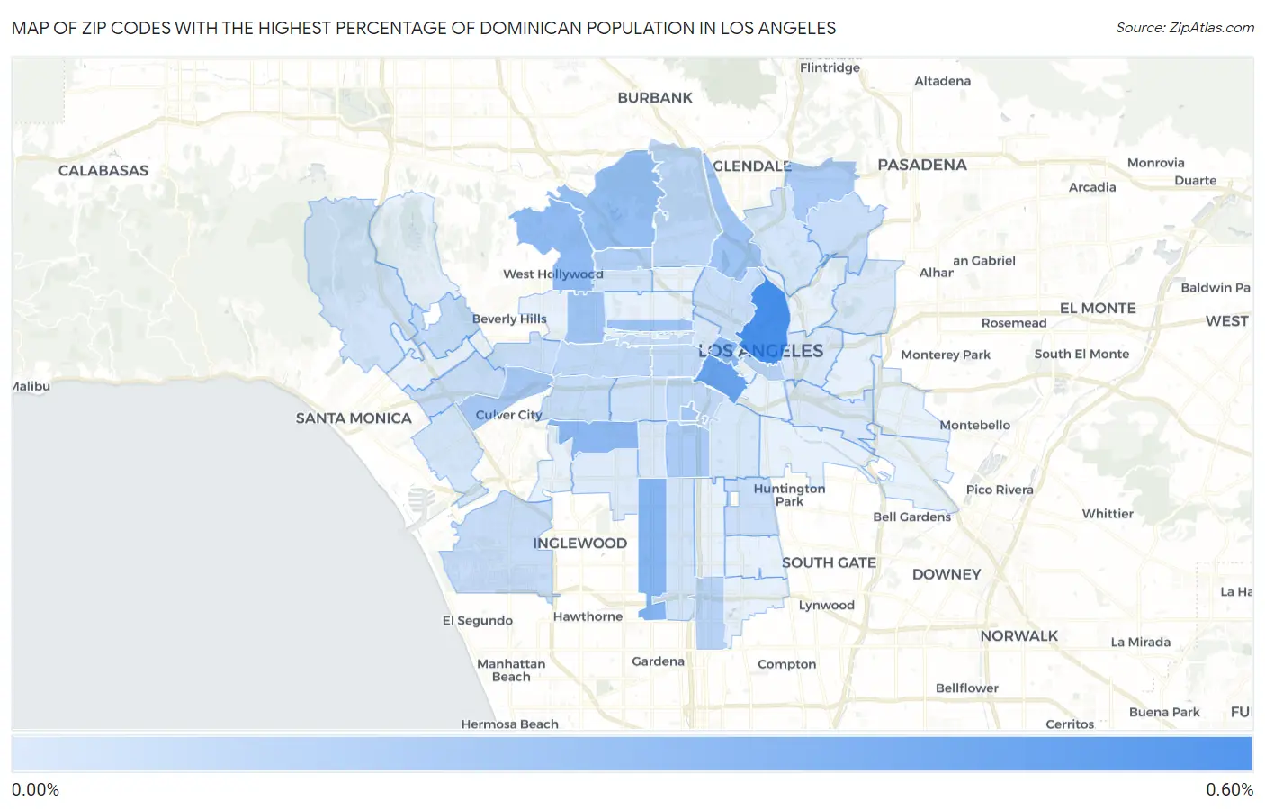Zip Codes with the Highest Percentage of Dominican Population in Los Angeles Map
