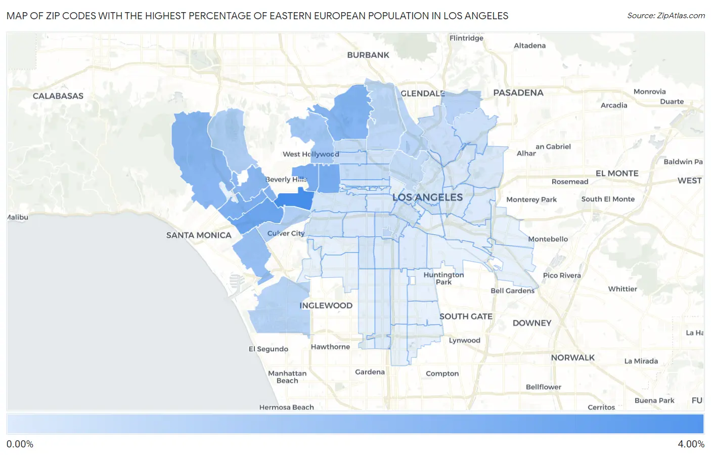 Zip Codes with the Highest Percentage of Eastern European Population in Los Angeles Map