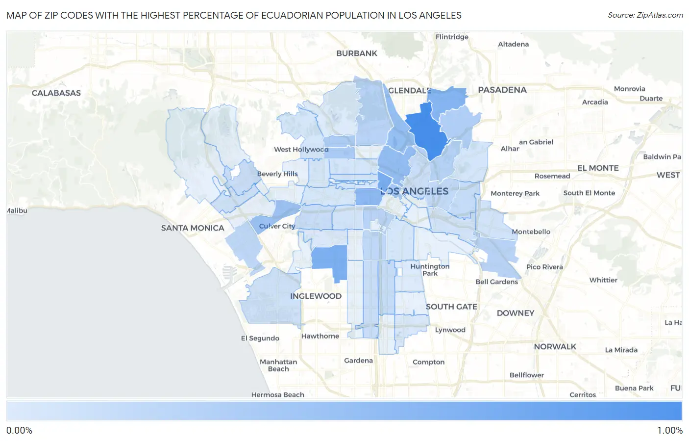 Zip Codes with the Highest Percentage of Ecuadorian Population in Los Angeles Map