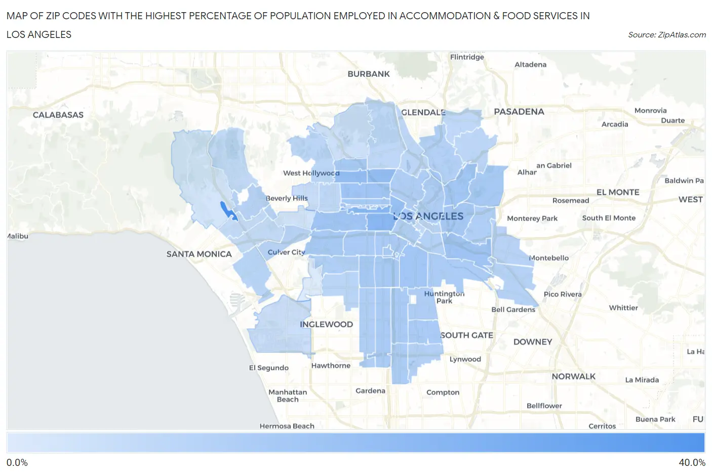 Zip Codes with the Highest Percentage of Population Employed in Accommodation & Food Services in Los Angeles Map